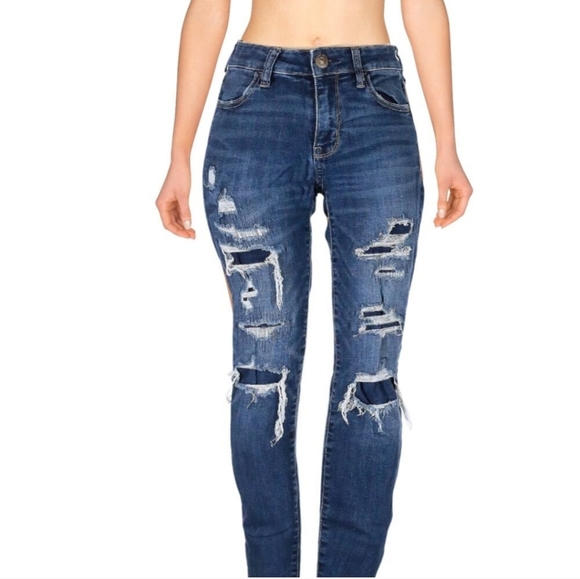 American Eagle Super Stretch Super Low Jegging Distressed Raw Hem US 4 - Picture 1 of 7